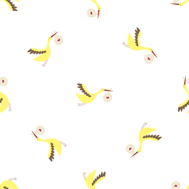 Uçan leyleğin çantada bebek taşıdığı kusursuz bir desen.