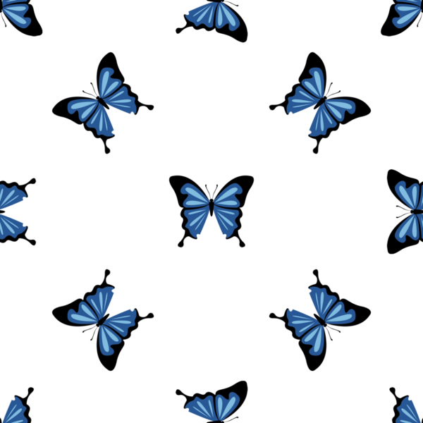 Beyaz arka planda şekillendirilmiş mavi kelebekli kusursuz desen.