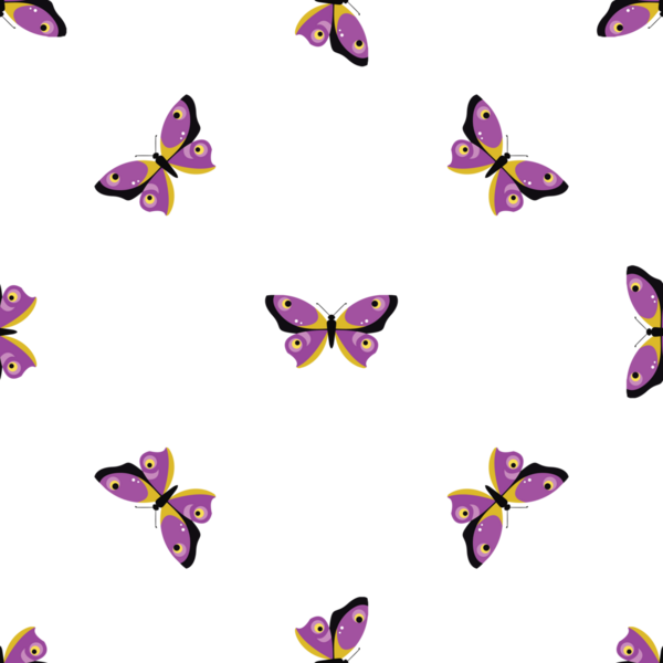 Beyaz arka planda mor ve sarı kelebekli kusursuz desen