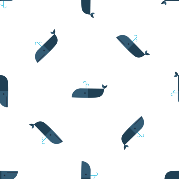 Beyaz arka planda çizgi film tarzıyla kusursuz mavi balina deseni