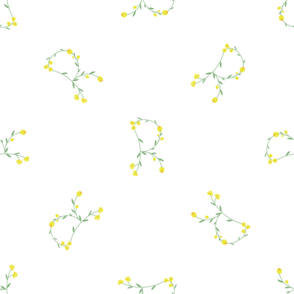 Beyaz arka planda sarı çiçekleri olan narin çiçekli R harfi.