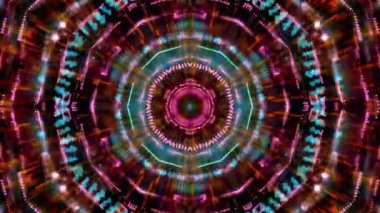 Renklerin kaleydoskopunda ışıldayan ışıklardan oluşan görsel olarak çarpıcı bir altıgen tünel. Görüntü derinlik ve hareket hissi yaratır, izleyicinin gözünü içe doğru çeker..