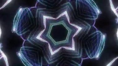 Karanlık bir arkaplanda mor ve mavi çizgileri olan neon bir yıldız deseni tasvir eden soyut bir resim. Geometrik tasarım fütüristik ve dinamik bir görsel etki yaratır..