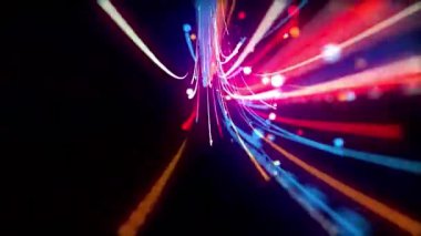 Kırmızı, mavi ve turuncu renkli ışık yollarının yer aldığı soyut bir görüntü. Işık izleri, modern ve dijital tasarım projeleri için mükemmel, dinamik ve enerjik bir görsel efekt yaratır..