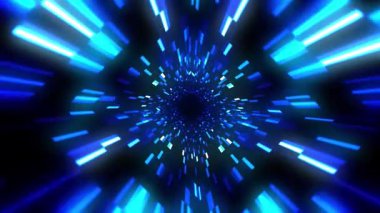 Soyut mavi ışık çizgileri birleşerek bir tünel oluşturur ve dinamik ve geleceksel bir zemin oluşturur..