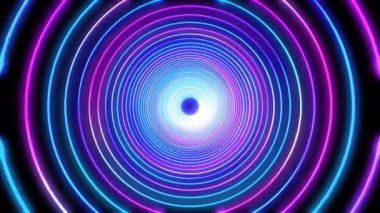 Neon parlayan dairelerin soyut arkaplanı, mor ve mavi renkler, siyah arkaplan, parlayan.