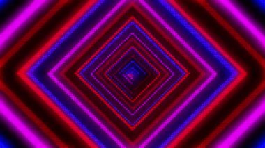 Parlayan kırmızı, mavi ve pembe ışıklarla soyut neon geometrik desen merkezinde kare bir tünel oluşturuyor..