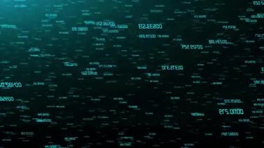 Koyu yeşil arkaplanda parlayan deniz mavisi numaralarıyla soyut dijital arkaplan.