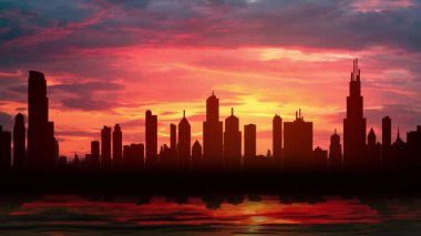 Gün batımında bir şehrin silueti.