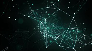 Birbirine bağlı yeşil ve beyaz çizgilere ve noktalara sahip bir dijital ağın soyut bir temsili, bağlantı ve modern teknolojiyi gösteren koyu bir arkaplan üzerine kurulmuş..