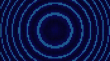Modern tasarım ve dijital sanatı simetri ve yineleme üzerine odaklayan koyu arkaplan üzerinde eşmerkezli mavi nokta daireleri bulunan soyut bir resim.