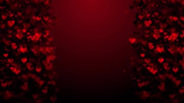 Kırmızı kalp şeklindeki parçacıklar, kopyalama alanı olan koyu kırmızı bir arkaplan üzerine dağılmış..