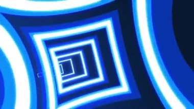 Parlayan kareleri olan soyut mavi neon tüneli koyu bir arkaplan üzerinde dinamik bir perspektif oluşturuyor