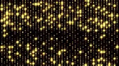 Siyah arkaplana saçılmış altın yıldız şekilli ışıklar. Arkaplan ve posterler için şenlikli tasarım.