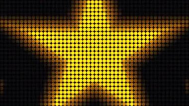 Siyah arkaplandaki küçük dairesel noktalardan oluşan parlak sarı yıldız şekilli desen. Arkaplan ve posterler için dijital tasarım.