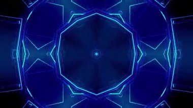 Mavi neon altıgen desen, merkezden koyu bir arka planda yayılıyor. Arkaplan ve posterler için dijital tasarım.
