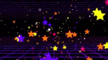 Renkli yıldızlar neon gibi bir ızgarada düşüyorlar.