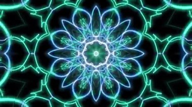 Parlak çizgiler ve karmaşık desenler içeren canlı, simetrik bir kaleydoskopik tasarım bir ahenk hissi uyandırıyor..