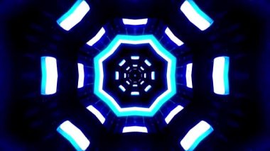 Parlayan mavi ve siyah elementlerin oluşturduğu canlı, simetrik bir dijital desen geleceksel bir tünel etkisi yaratıyor..