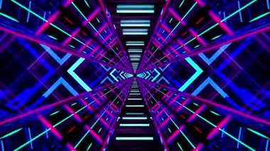 Canlı, neon ışıklardan oluşan bir tünel derinlik ve hareket hissi yaratıyor..