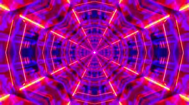 Canlı, simetrik, soyut tasarım neon renkler ve geometrik desenler içeriyor, derinlik ve hareket hissi uyandırıyor..