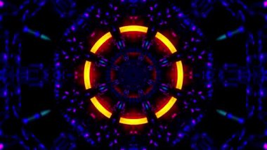 Dairesel desenler ve neon renkler içeren canlı, kaleydoskopik bir tasarım büyüleyici bir görsel etki yaratıyor..