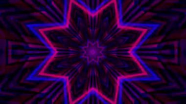 Cesur renklere sahip canlı, simetrik bir yıldız deseni soyut, hipnotik bir görsel etki yaratıyor..