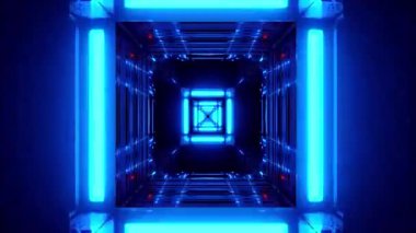 Fütürist bir tünel parlak mavi ışıklarla aydınlatılmış, derinlik ve hareket hissi yaratıyor..