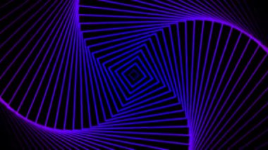 Canlı, soyut bir tasarım, sarmal çizgiler ve mor ve mavi renkli geometrik şekiller, siyah bir arkaplana karşı..