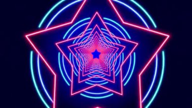 Canlı, soyut bir tasarım eşmerkezli neon yıldızlar ve dalgalar, dinamik bir görsel etki yaratıyor..