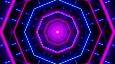 Canlı, hipnotize edici geometrik desen. Neon mavi ve pembe ışıklar. Büyüleyici bir görsel etki yaratıyor..