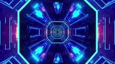 Mavi ve mor ışıklarla aydınlatılan parlak, fütürist altıgen bir tünel derinlik ve hareket hissi yaratıyor..