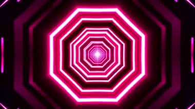 Pembe ve mor ışıklardan oluşan canlı, geometrik bir tünel büyüleyici bir görsel etki yaratıyor..