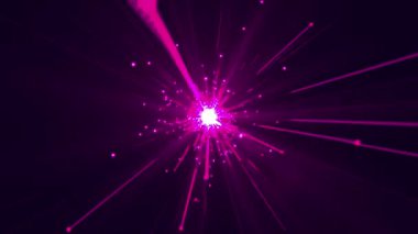 Merkezi bir noktadan yayılan dinamik pembe ışık ışınları içeren canlı ve soyut bir tasarım hareket hissi yaratıyor..