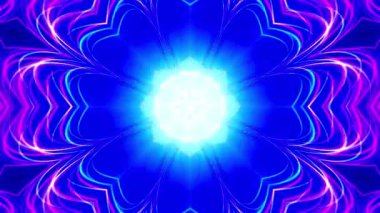 Pembe ve mor renkli karmaşık desenlerle çevrili parlak mavi bir çekirdekten oluşan canlı, soyut bir tasarım..