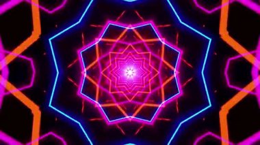 Canlı, simetrik, neon renkli ve geometrik şekilli bir kaleydoskopik tasarım büyüleyici bir görsel etki yaratıyor..