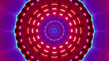 Kırmızı ve mavi ışıkları içeren canlı, simetrik bir tasarım büyüleyici bir kaleydoskopik etki yaratıyor..