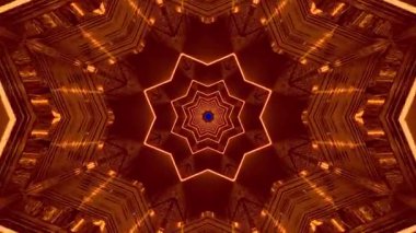 Sıcak turuncu renkler ve karmaşık desenler içeren simetrik, kaleydoskopik bir tasarım, derinlik ve merak hissi uyandırıyor..