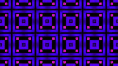 Canlı bir geometrik desen. Siyah bir arkaplana karşı mor ve pembe tonlarda kareler içeriyor..