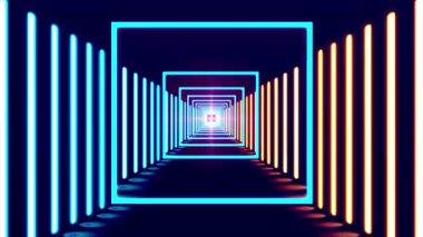 Parlak neon çizgileri olan canlı bir dijital tünel derinlik ve hareket hissi yaratıyor..