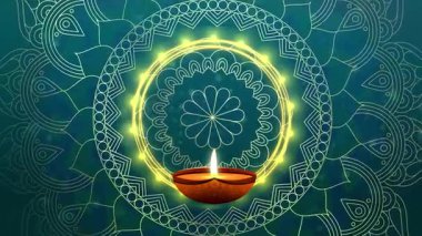 Karmaşık mandala desenleriyle çevrili parlayan bir gaz lambası, ışığı ve kutlamayı simgeliyor..