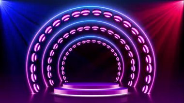 Renkli ışıkları olan canlı, aydınlık bir sahne tasarımı. Etkinlikler ve gösteriler için mükemmel..