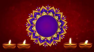 Dekoratif mor bir mandala ve üç yağ lambasının yer aldığı, kutlamayı ve maneviyatı simgeleyen şenlikli bir tasarım..