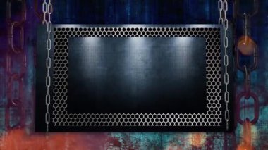 Koyu metalik bir panel, bal peteği desenli, ışıklarla aydınlatılmış, desenli renkli bir arka plan üzerine kurulmuş..