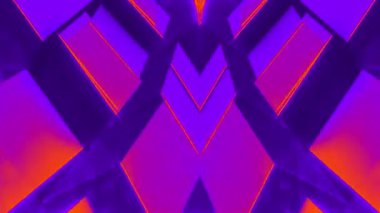 Mor ve turuncu renklerde geometrik şekiller içeren canlı ve soyut bir tasarım, dinamik bir görsel efekt yaratır..