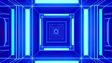 Parlak çizgileri olan büyüleyici mavi geometrik bir tünel derinlik ve hareket hissi yaratıyor..