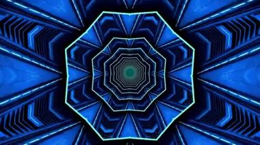 Mavi tonlar ve geometrik desenler içeren canlı, soyut bir tünel tasarımı, derinlik ve hareket hissi yaratıyor..