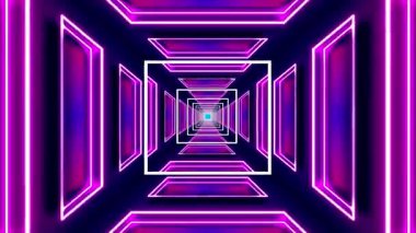 Parlayan mor ve pembe ışıklardan oluşan parlak, fütüristik bir tünel derinlik ve hareket hissi yaratıyor..