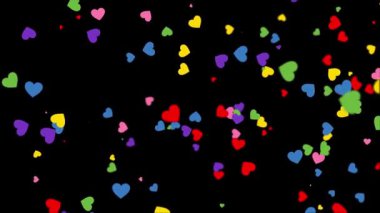 Siyah bir arkaplana dağılmış renkli kalplerin canlı bir görüntüsü, sevgi ve pozitifliği aktarıyor..