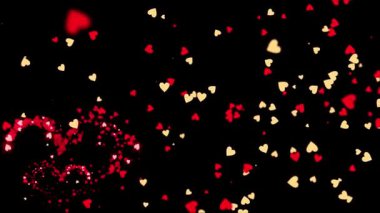Siyah arkaplana karşı canlı kırmızı ve sarı kalpler romantik ve şenlikli bir atmosfer yaratıyor..